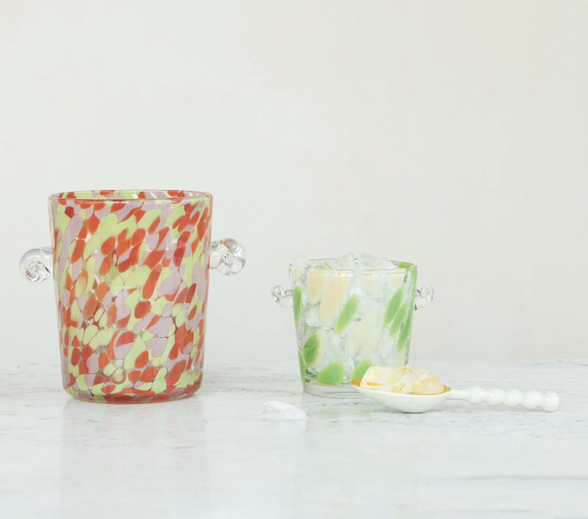 Confetti Glass Ice Bucket with Handles, Orange Color, Pink & Yellow