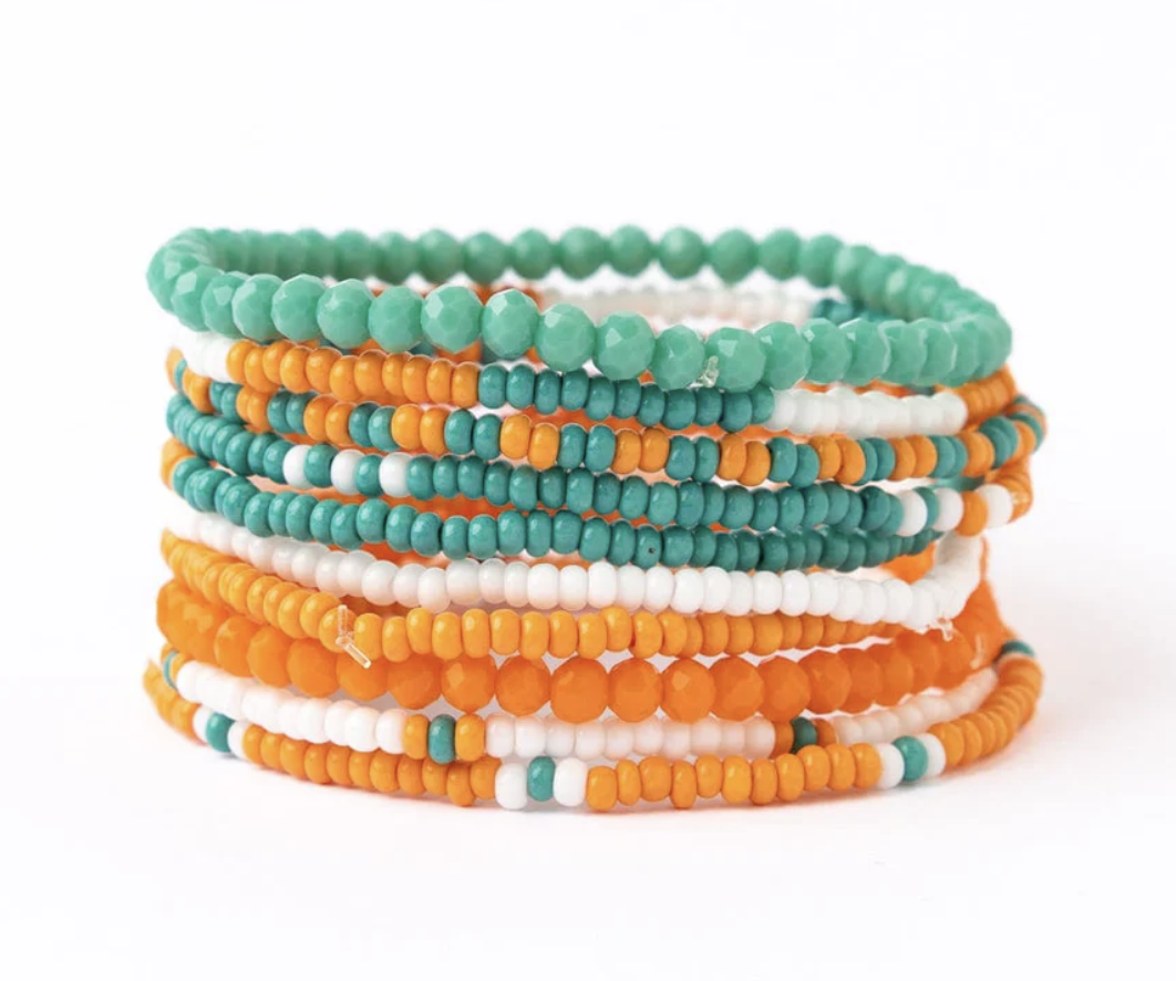 Aqua and Orange Game Day Color Block Beaded 10 Strand Stretch Bracelet Set