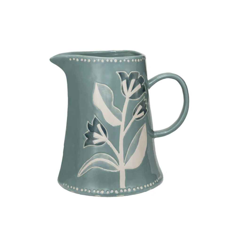 Hand-Painted Stoneware Pitcher with Wax Relief Flowers