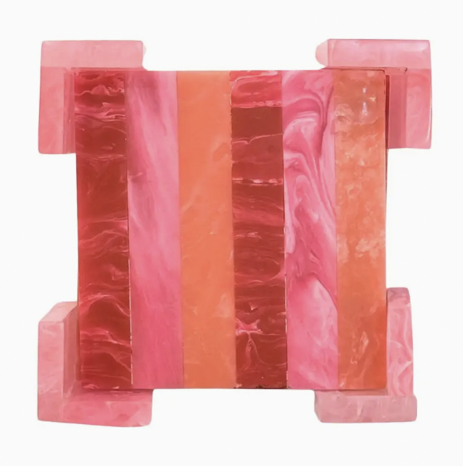 Pink Resin Striped Square Coaster Set