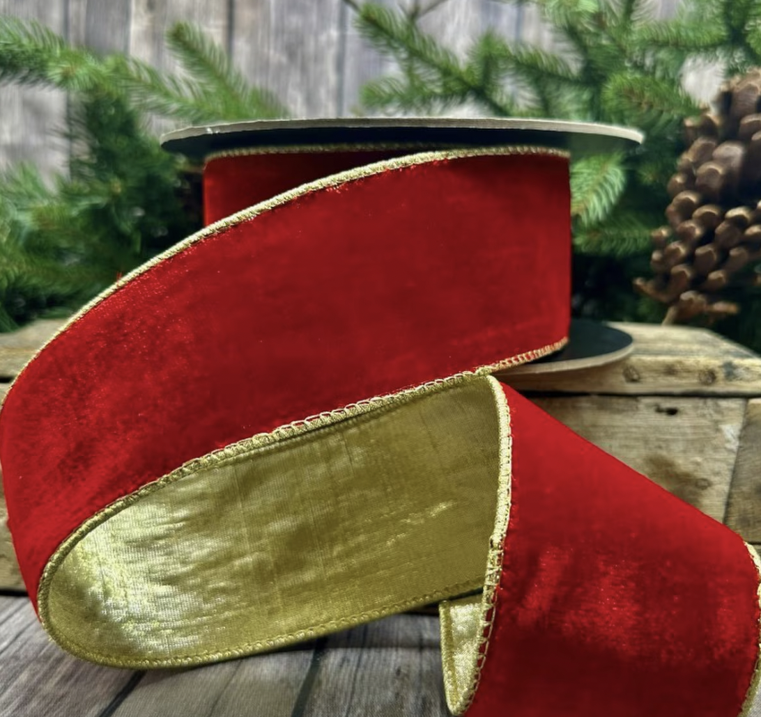 Lush Red Velvet Wired Ribbon with Gold Backing