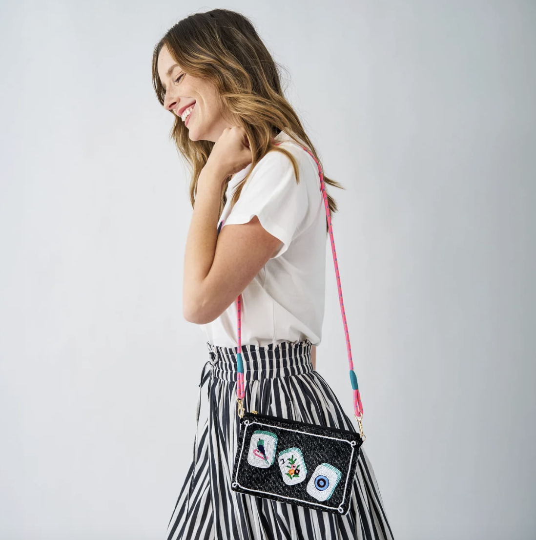 Mahjong Beaded Clutch With Strap
