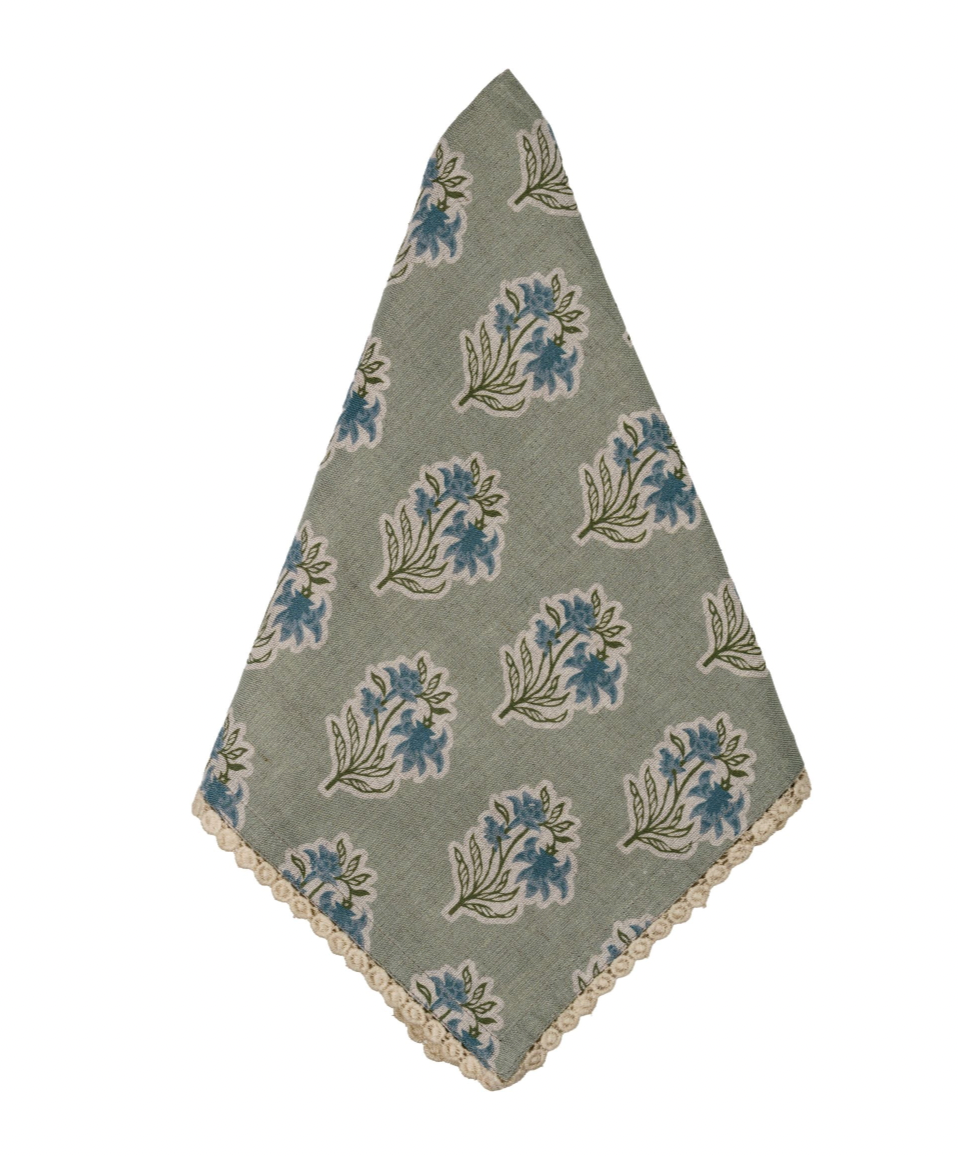 Sage Green + Blue Flower Tablecloth with Floral Lace Edge