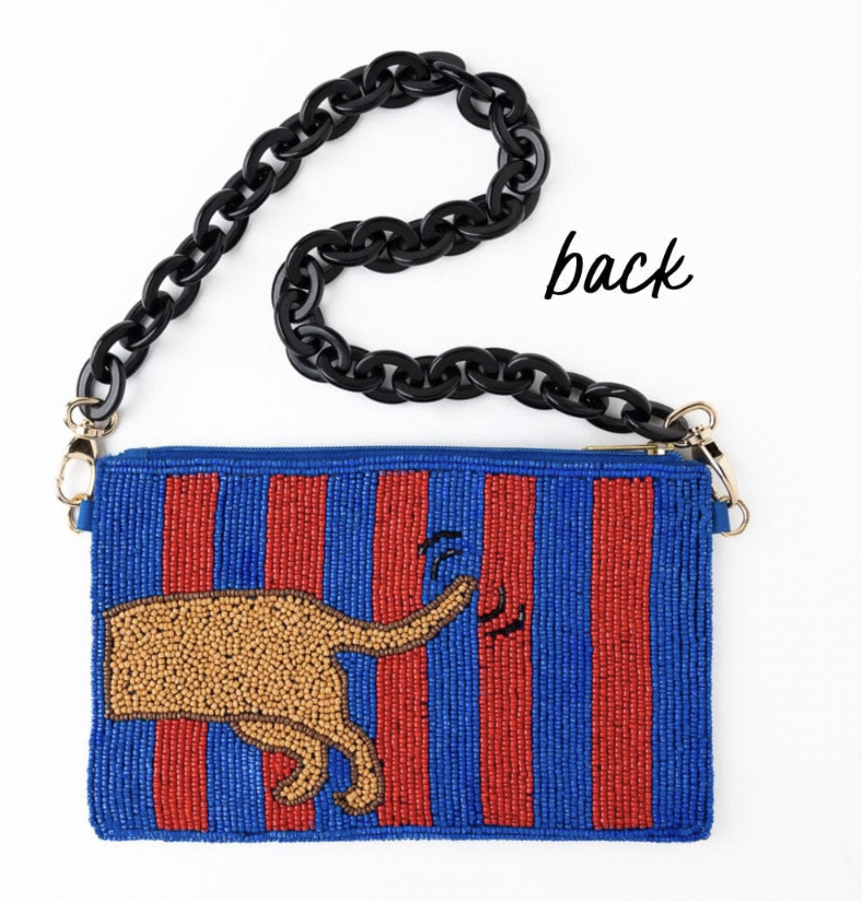 Red + Blue Striped Dachshund Beaded Bag