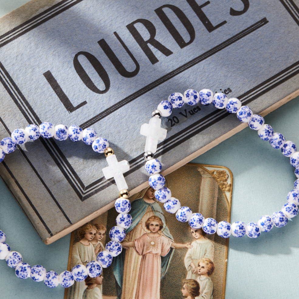 Blue + White Porcelain Holy Water Cross Bracelet