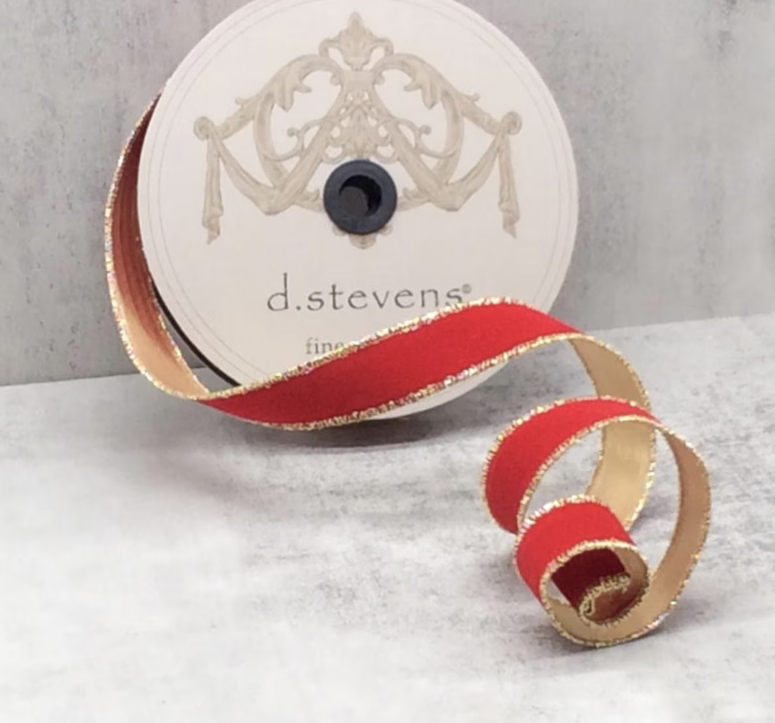 Flocked Cranberry Red Velvet Wired Ribbon with Metallic Gold Backing