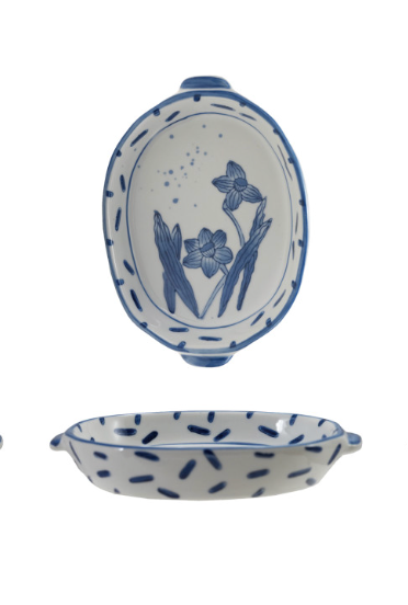 Hand-Painted Blue + White Stoneware Baker with Handles