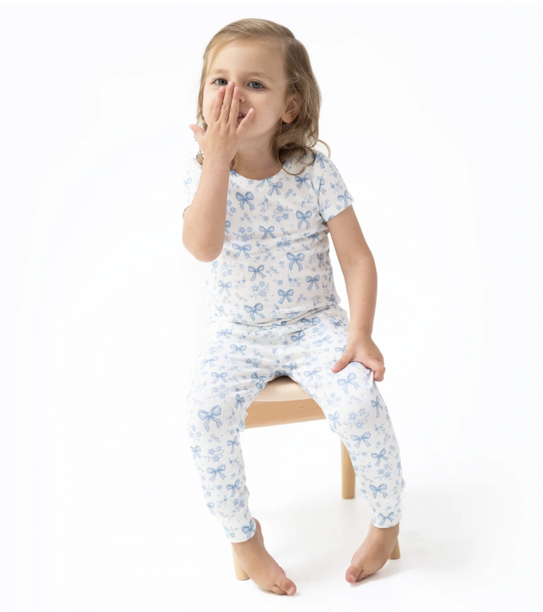Blue Bows and Flowers Short Sleeve Pajama Set