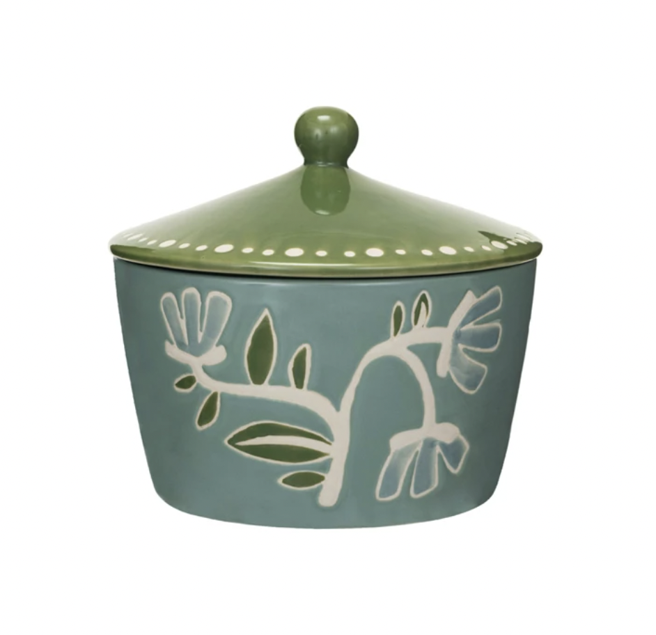 Hand-Painted Stoneware Canister with Wax Relief Flowers