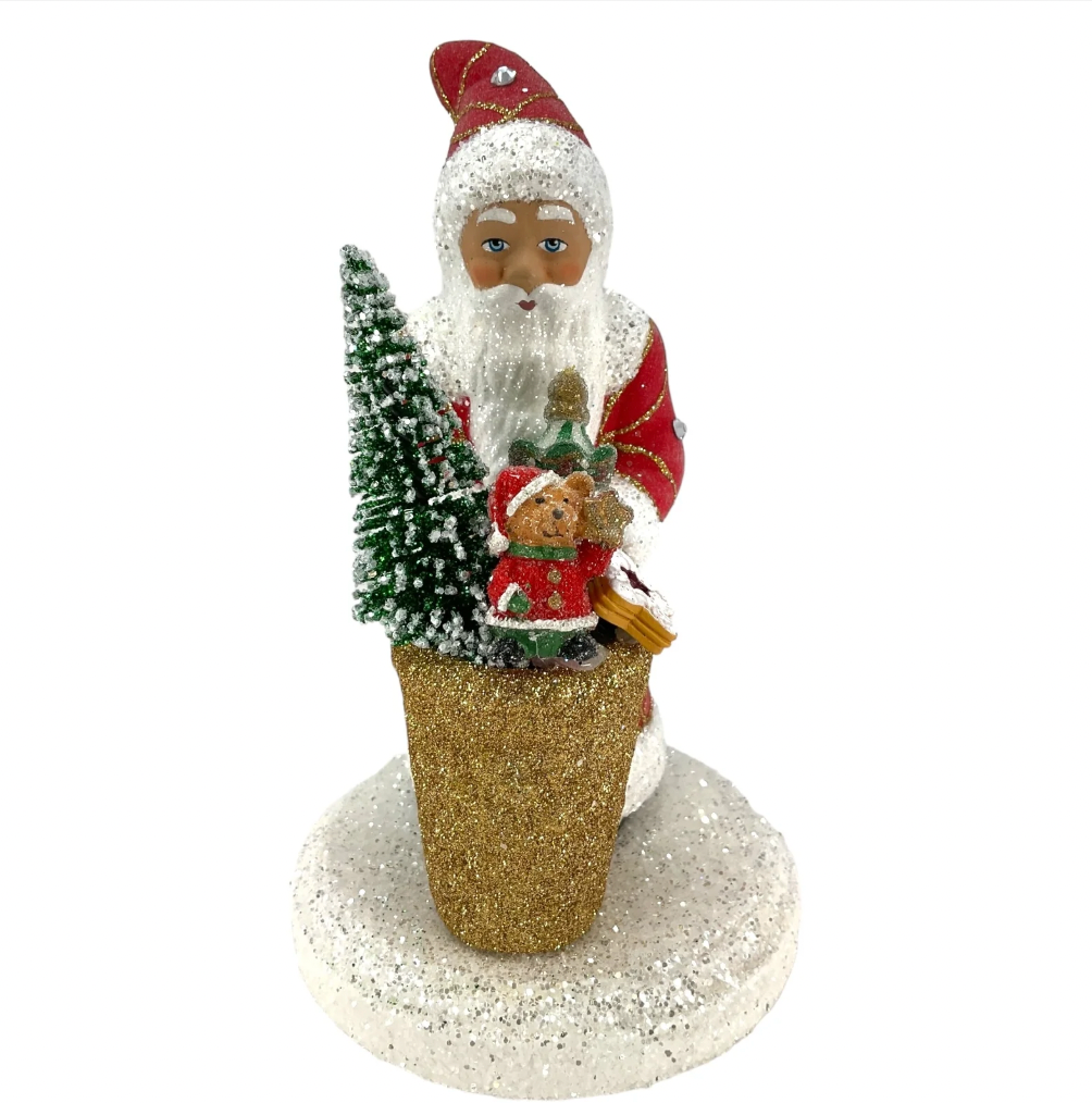 Ino Schaller Red Santa with Gold Basket and Tree Paper Mache Candy Container