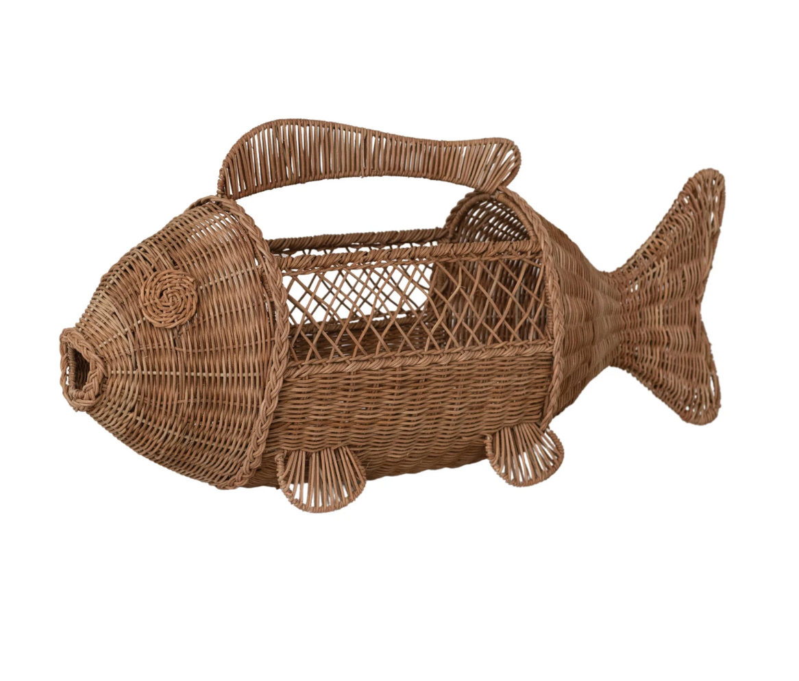 Hand-Woven Rattan & Wire Fish Shaped Container with Handle