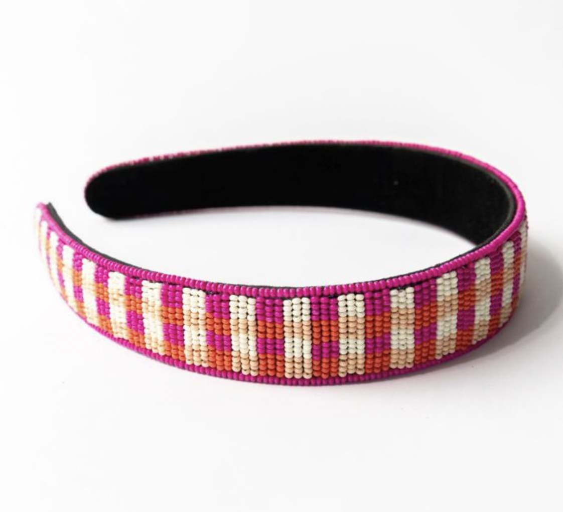 Pink Gingham Beaded Headband