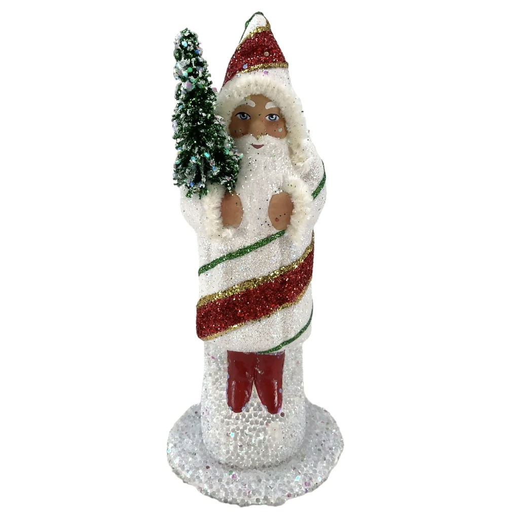 Ino Schaller White Red Green Striped Santa Paper Mache Candy Container