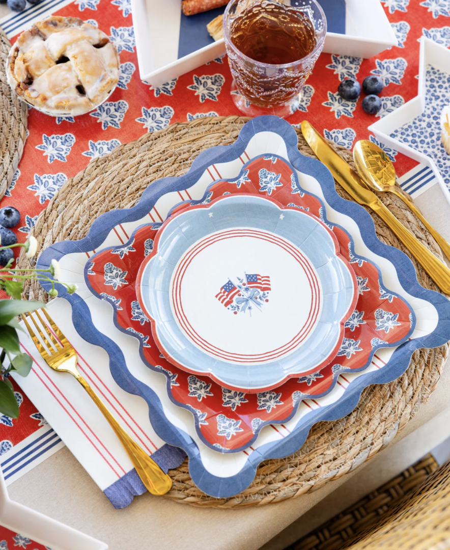 Red Block Floral Paper Dinner Plates