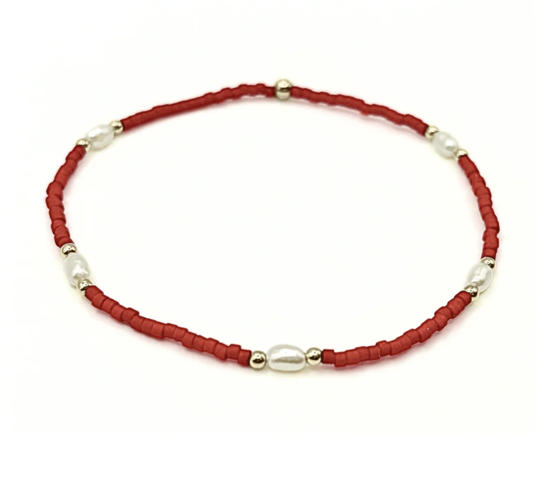 Red Game Day Gold-Filled & Natural Rice Pearls Waterproof Bracelet