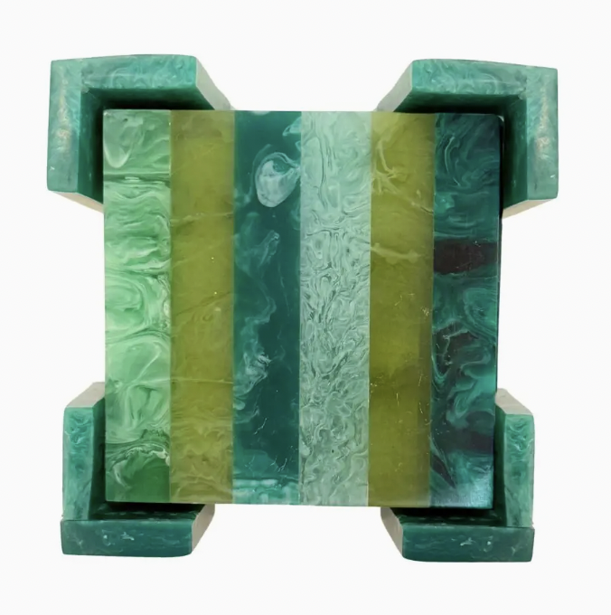 Green Resin Striped Square Coasters
