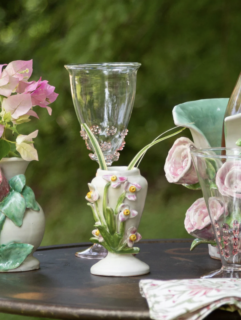 Small White Vase with Pink and Yellow Flowers