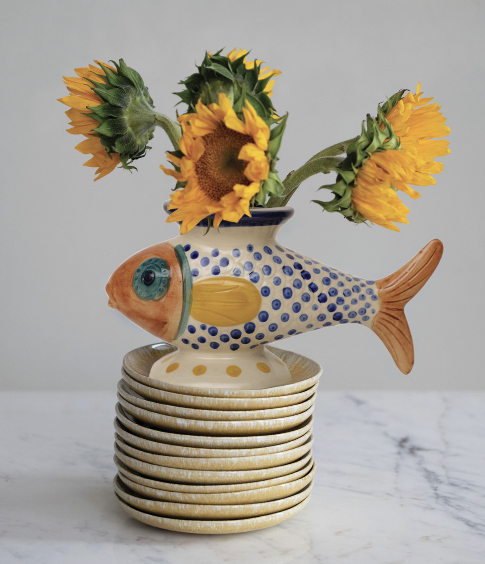 Hand-Painted Stoneware Footed Fish Shaped Vase