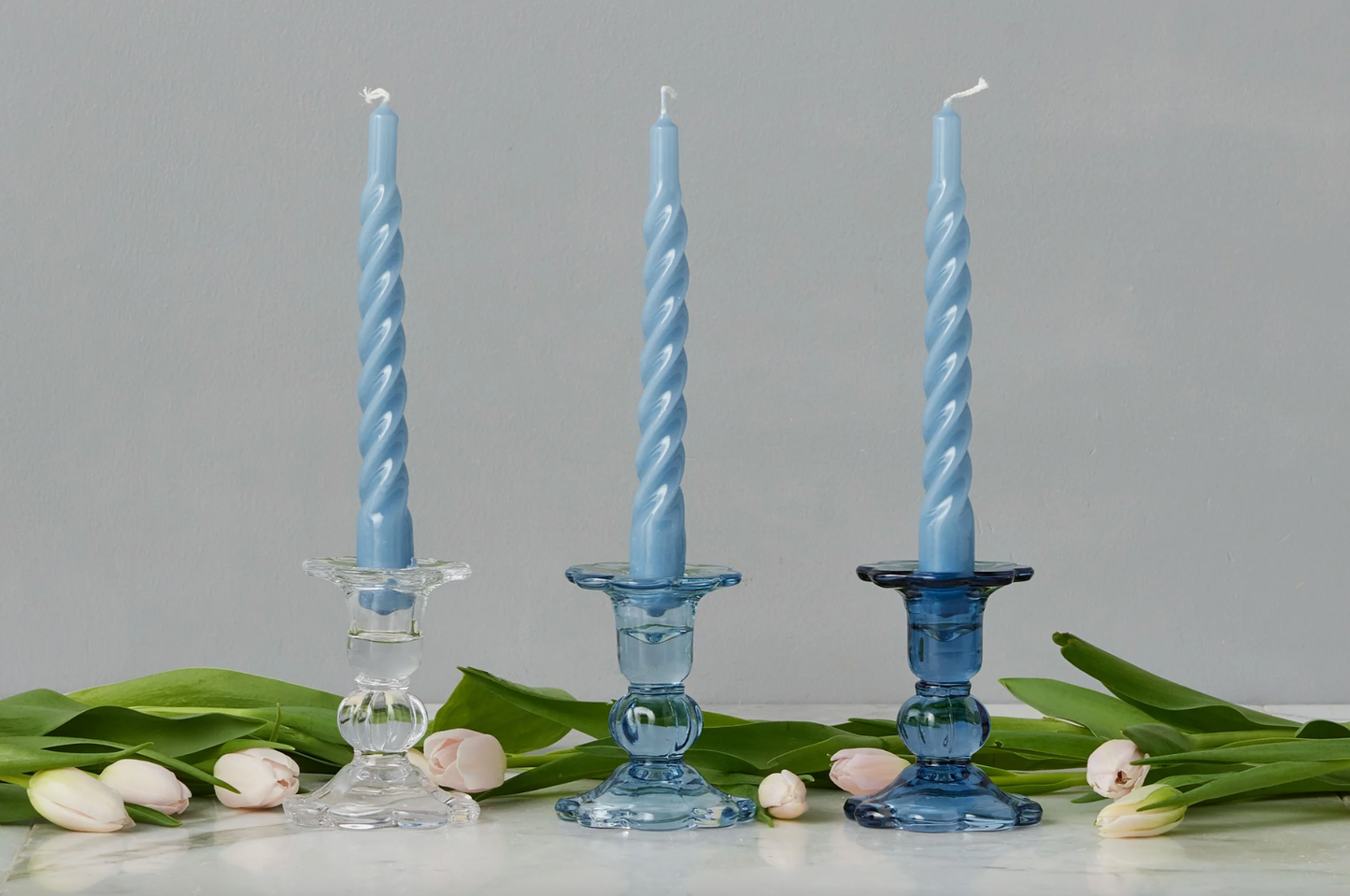 Glass Scalloped Candlesticks, Blue, Set of 3