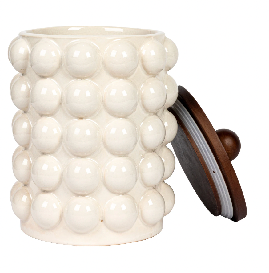 Stoneware Canister with Raised Dots & Wood Lid