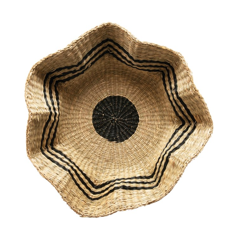 Hand-Woven Scalloped Sea Grass Basket with Black Stripes