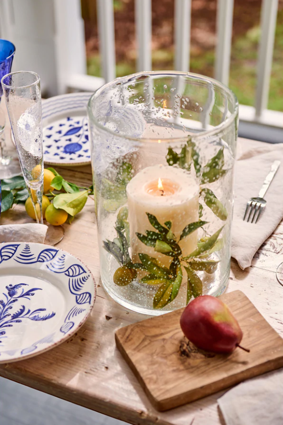 Casa Nuno Blue and White Dinner Plate - Two Flowers/Waves
