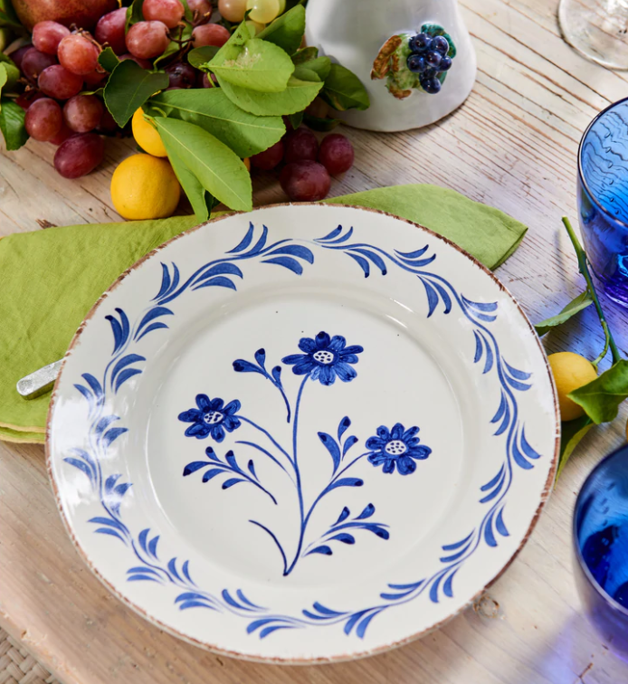 Casa Nuno Blue and White Dinner Plate - Three Flowers & Vine