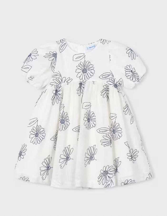 Puff Sleeve Dress with Embroidered Flowers