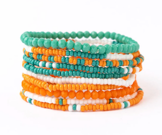 Aqua and Orange Game Day Color Block Beaded 10 Strand Stretch Bracelet Set