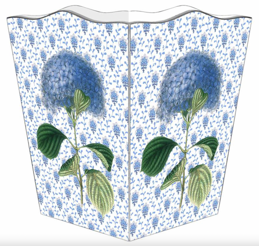 Blue Hydrangea on Provencial Print Scalloped Wastepaper Basket