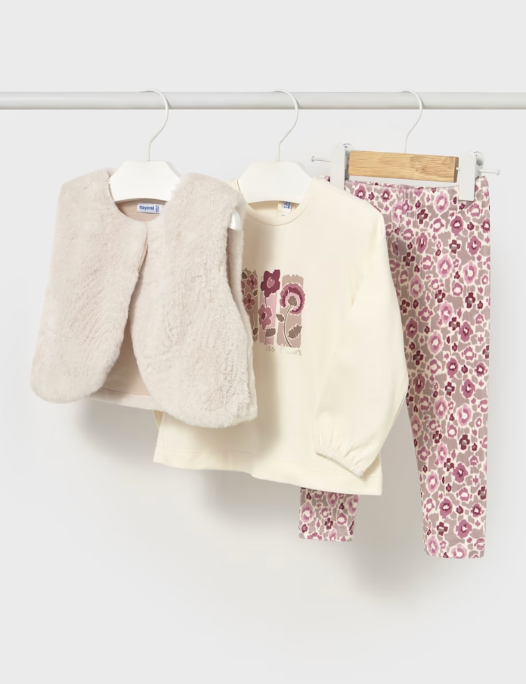 Three Piece Set - Long Sleeve T'Shirt, Faux Fur Vest, + Leggings