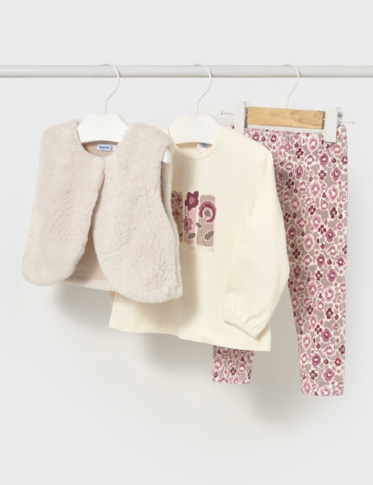 Three Piece Set - Long Sleeve T'Shirt, Faux Fur Vest, + Leggings