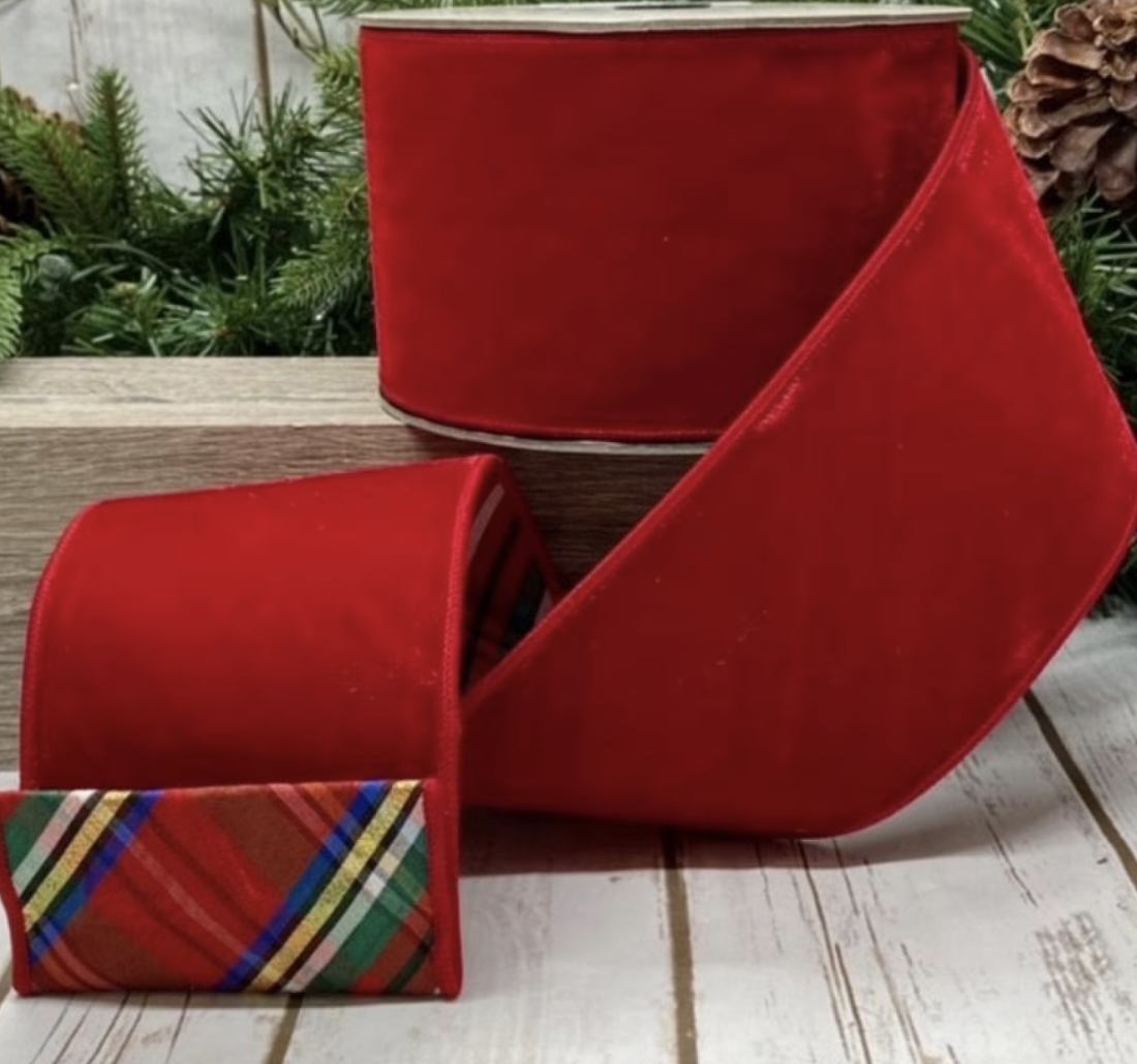 Red Velvet Wired Ribbon with Nutcracker Plaid Backing