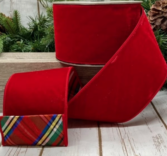 Red Velvet Wired Ribbon with Nutcracker Plaid Backing