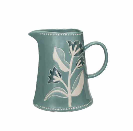 Hand-Painted Stoneware Pitcher with Wax Relief Flowers