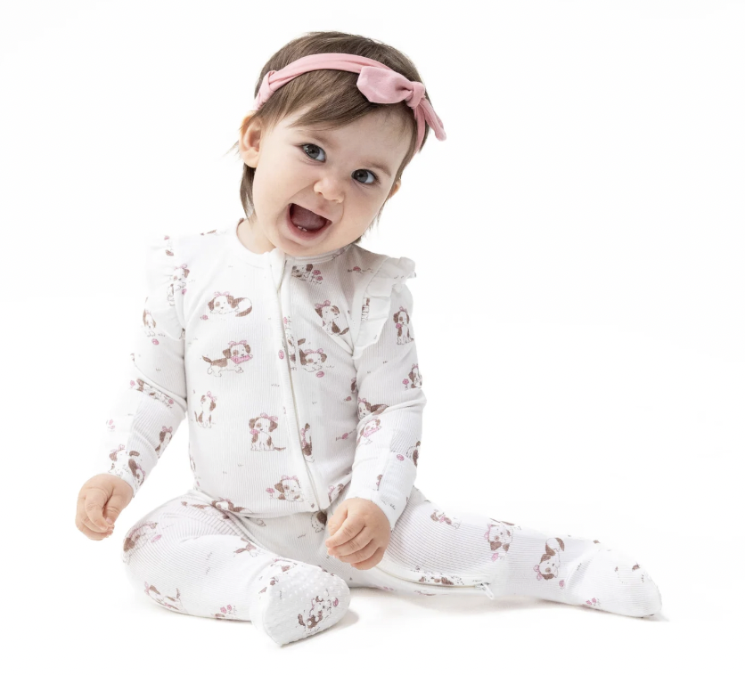 Pink Explorer Puppy Ruffle Sleeve Footie