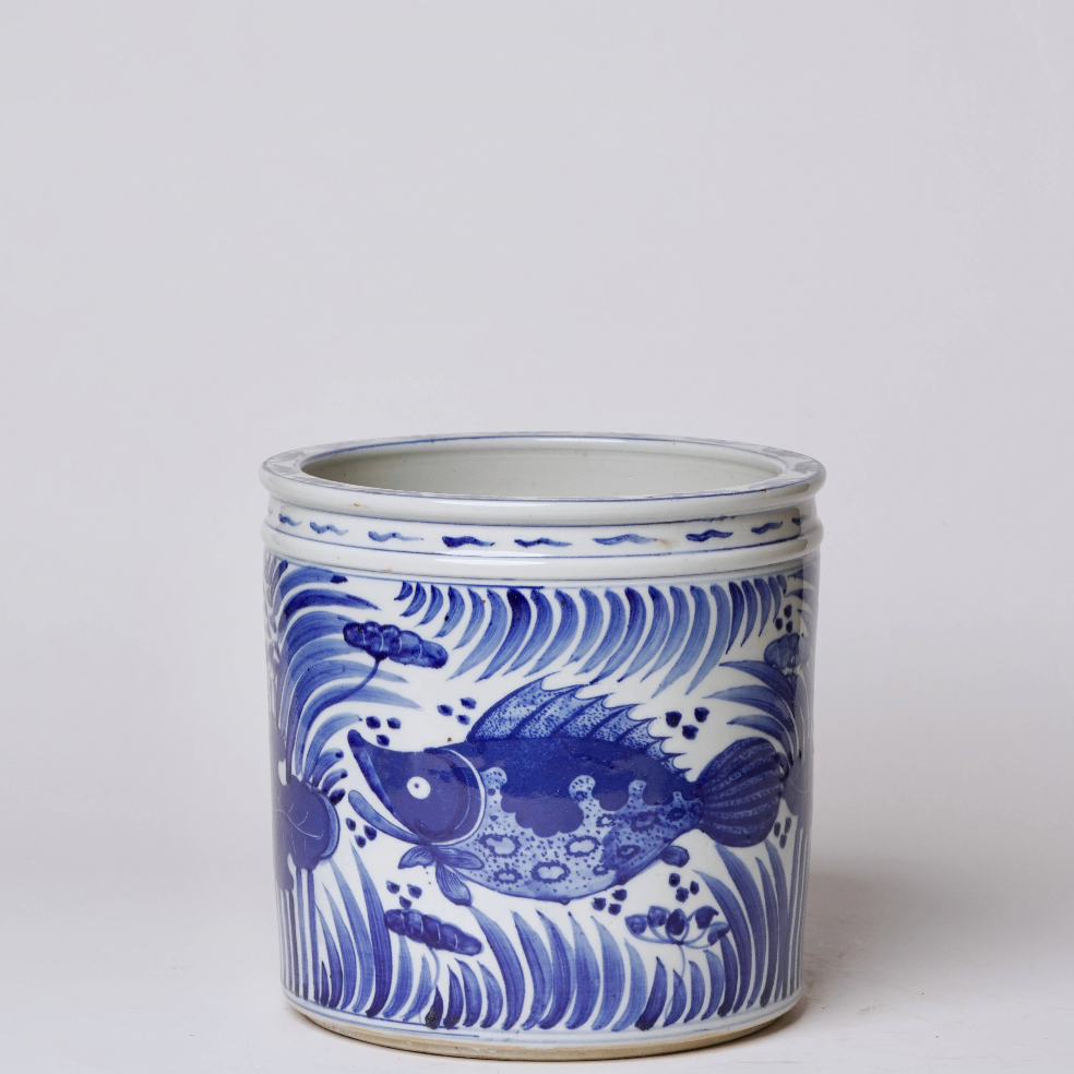 Blue and White Porcelain Fish and Lotus Cachepot