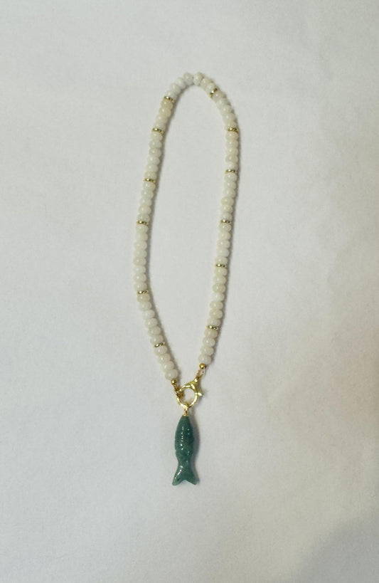 White Jade Necklace with Fish Charm