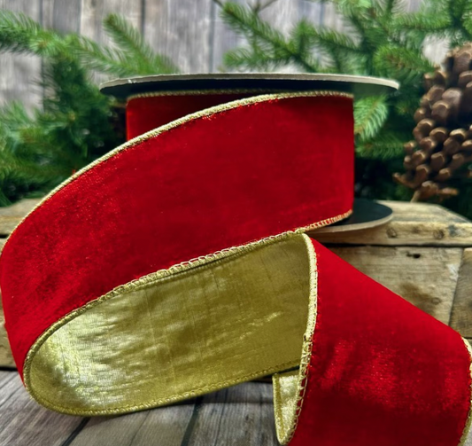 Lush Red Velvet Wired Ribbon with Gold Backing