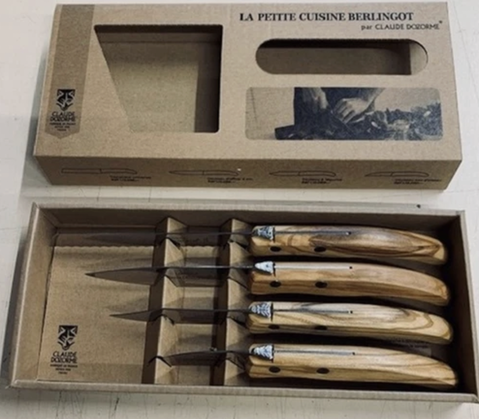Claude Dozorme Le Petite Cuisine 4 Knives Set in Olive Wood Handles | Peeling, Vegetable, Paring, & Tomato Knives
