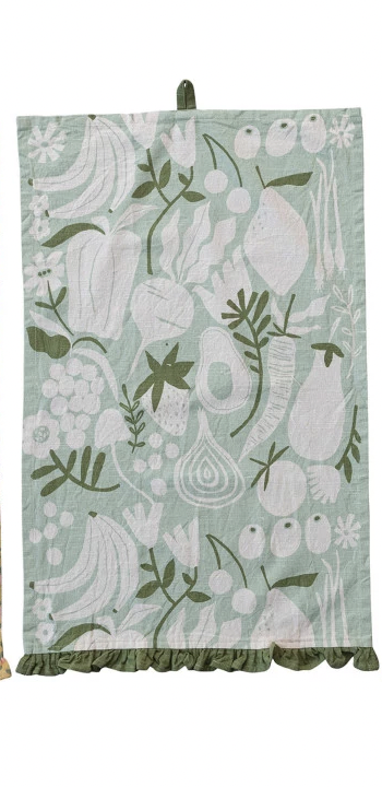 Cotton Printed Tea Towel with Fruit or Vegetables & Ruffled Edge