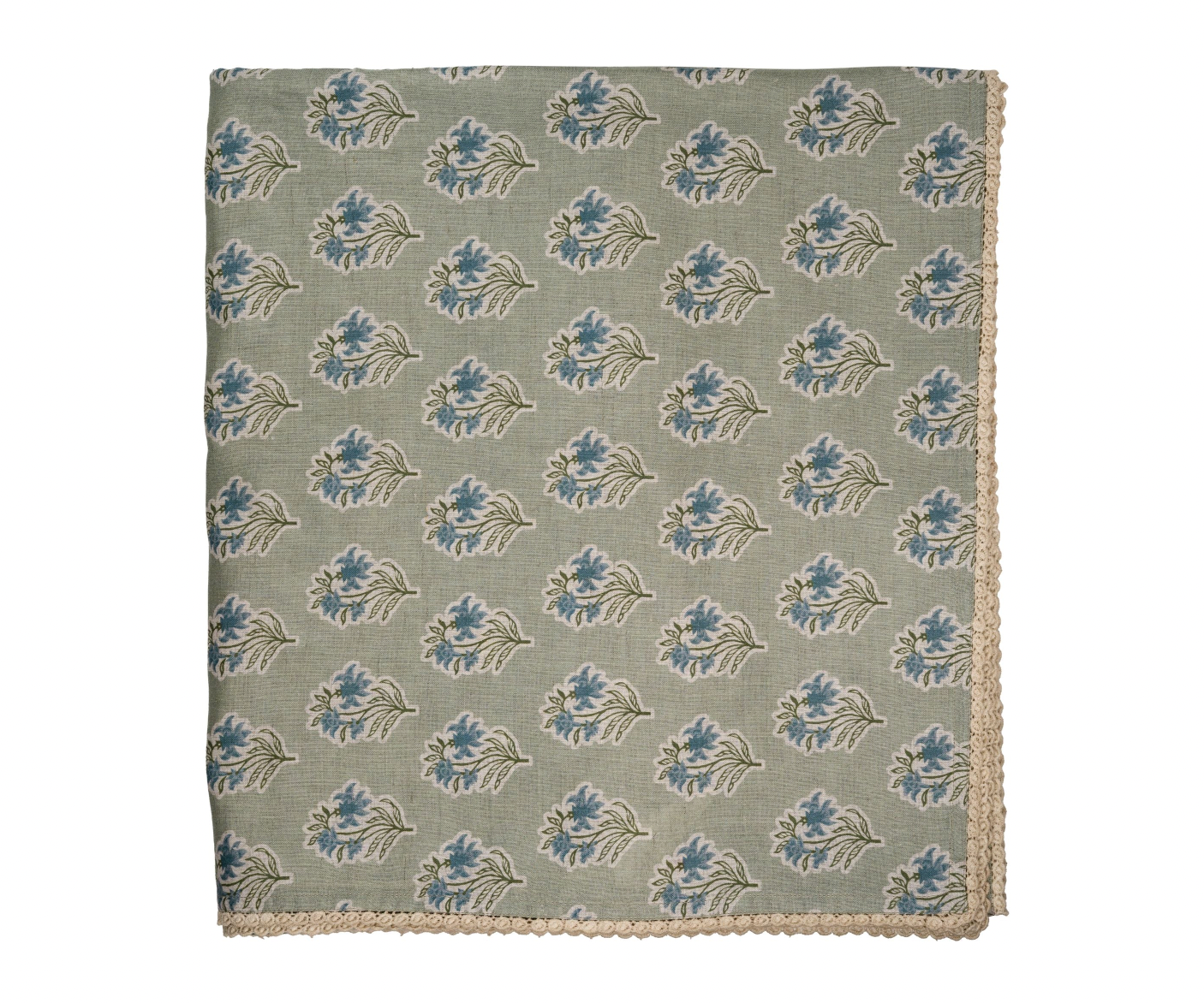 Sage Green + Blue Flower Tablecloth with Floral Lace Edge