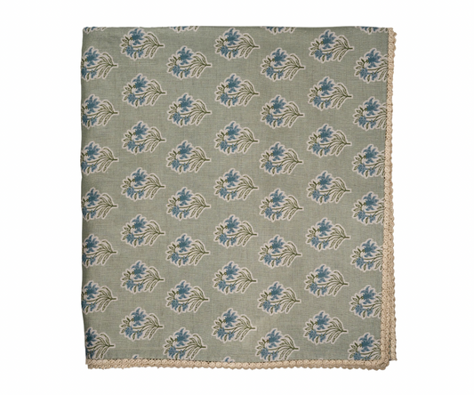 Sage Green + Blue Flower Tablecloth with Floral Lace Edge