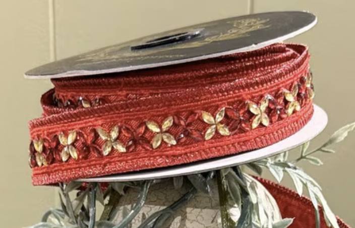 Red Jeweled Trim Metallic Dupioni Red Wired Ribbon