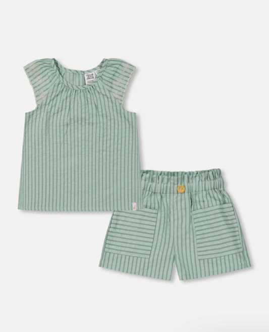 Mint Green Striped Chambray Blouse And Short Set