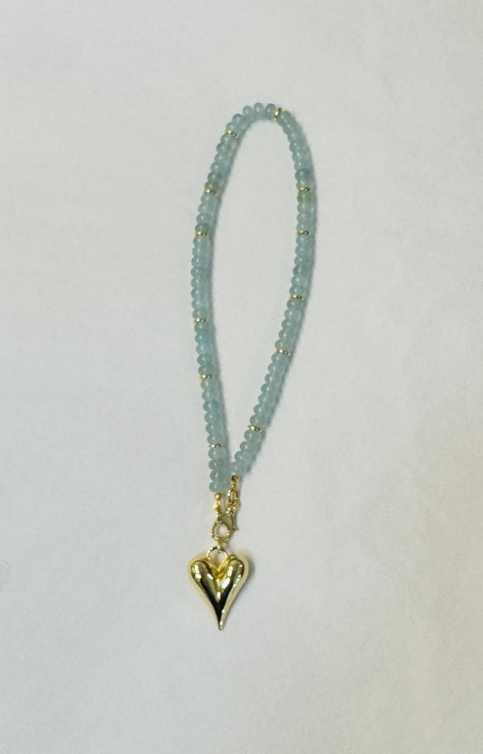 Light Blue Jade Necklace with Puff Heart Charm