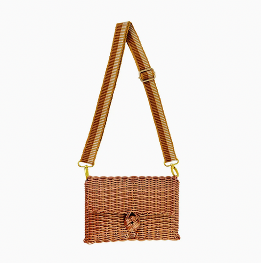 Crossbody Bag/Clutch in Picnic with Cinnamon + White Woven Strap