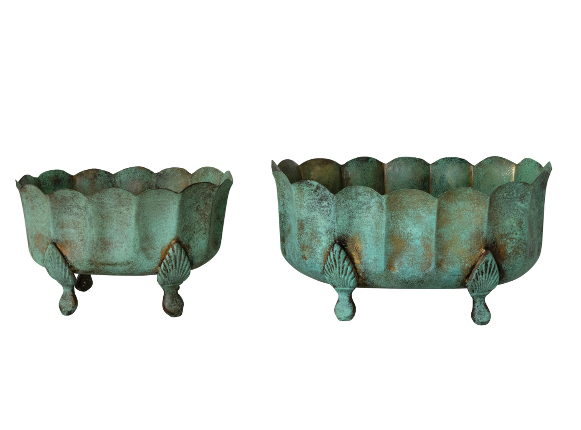 Verdigris Finish Metal Scalloped Footed Planter