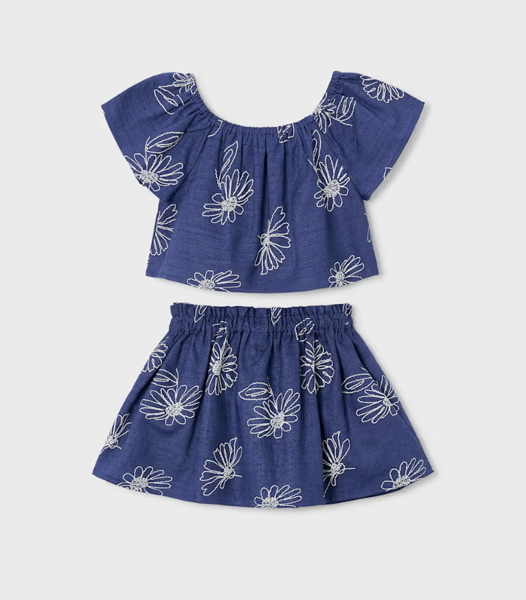 Linen Top + Skirt Set with Embroidered Flowers
