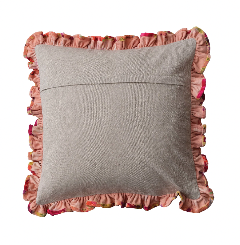 Velvet Floral Printed Pillow with Ruffle Edge